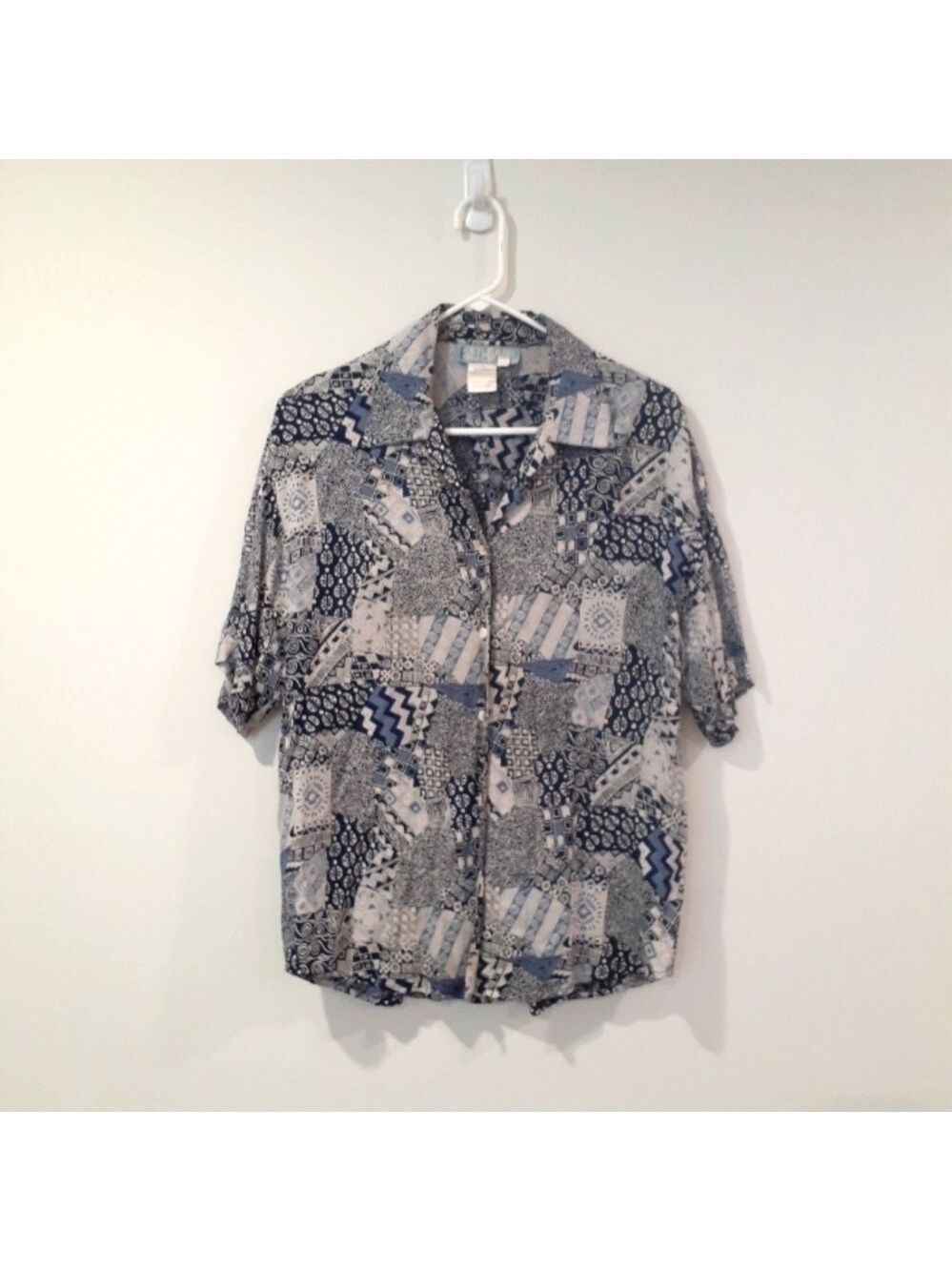 Retro 80's Resort Wear Rayon Button Front Lightweight Geometric Print Shirt